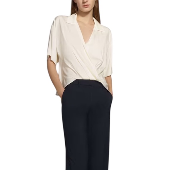 Theory NWT Twist Blouse In Stretch Silk Cream Short Sleeve Size XL M010256 - Picture 2 of 10